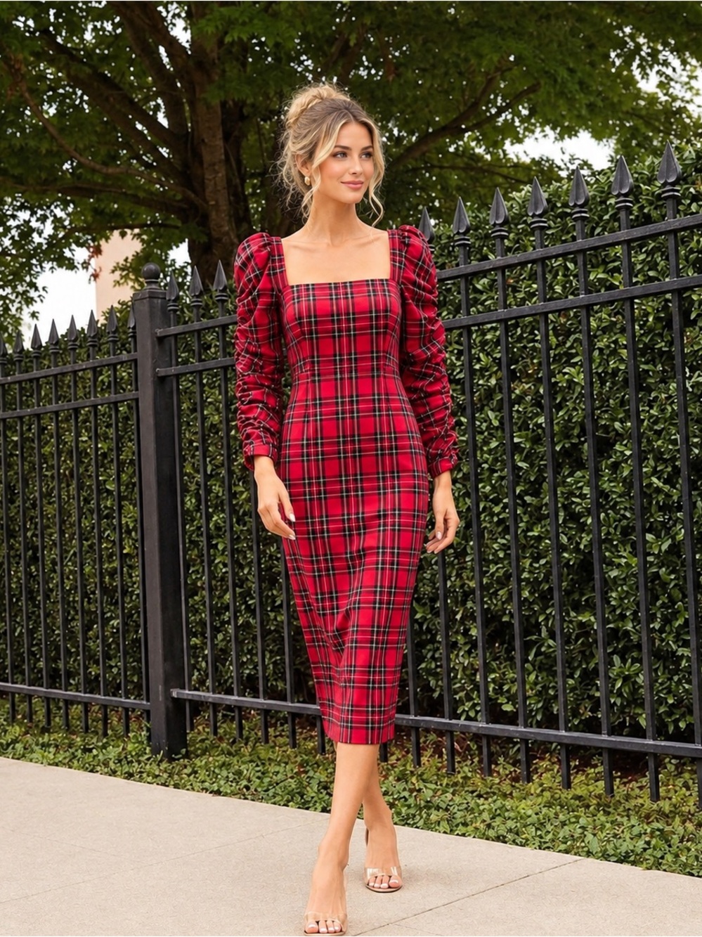 Antonio Melani Elena Red Plaid Tartan Midi Dress NEW Size 10 Runched Sleeve